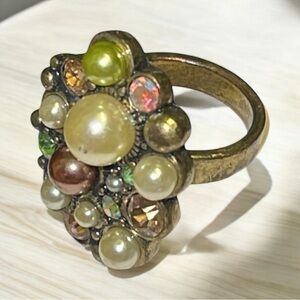 Vintage Cabochon Ring faux pearls and multi colored rhinestones
